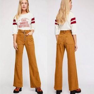 Free People High-Rise button front flare pant in Mustard Brown (size 2)